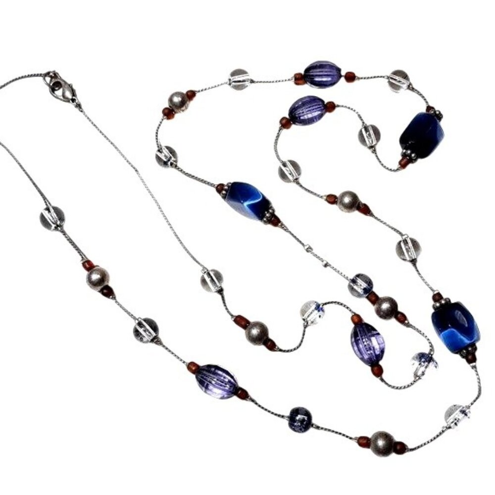 Blue Bead Necklace Silver-tone Single Strand 34 Iridescent Faceted